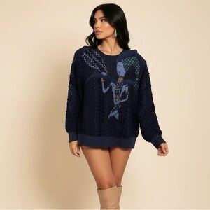 Vintage Navy Knit Sweater with Artistic Graphic
